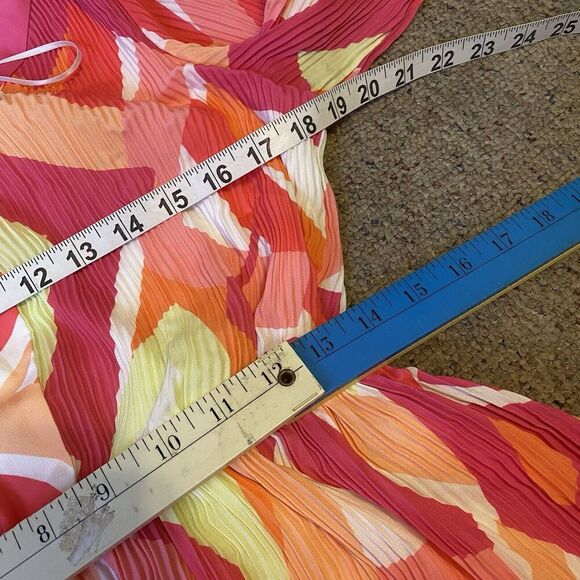 Nicole Miller Mini Dress Sz M Neon Multicolored Pop Art V Neck Elastic Tie Waist - Picture 2 of 10